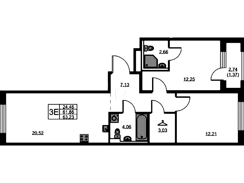 2-комнатная квартира 63.23 м², 1/9 эт., ЖК «GloraX Новоселье»